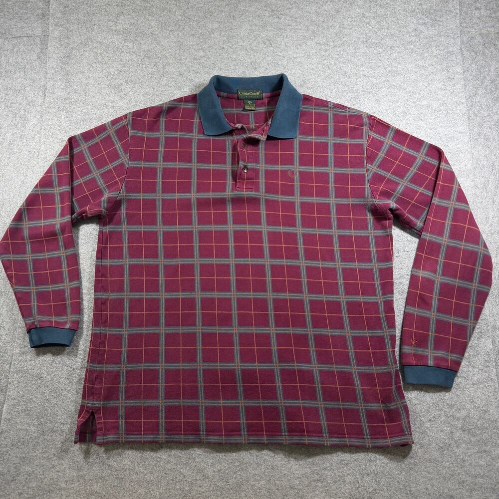 Vintage Cross Creek Golf Polo Shirt Mens XL Plaid Long Sleeve Preppy Horseshoe